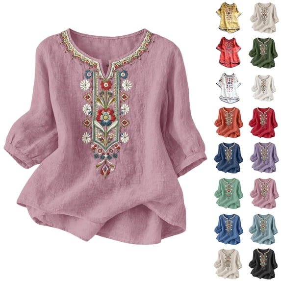 Boho Tops Sawvnm Embroidered Tops For Women 3/4 Sleeve Boho Linen Shirts Plus Size V Neck Tunic Peasant Clothes Pink XL