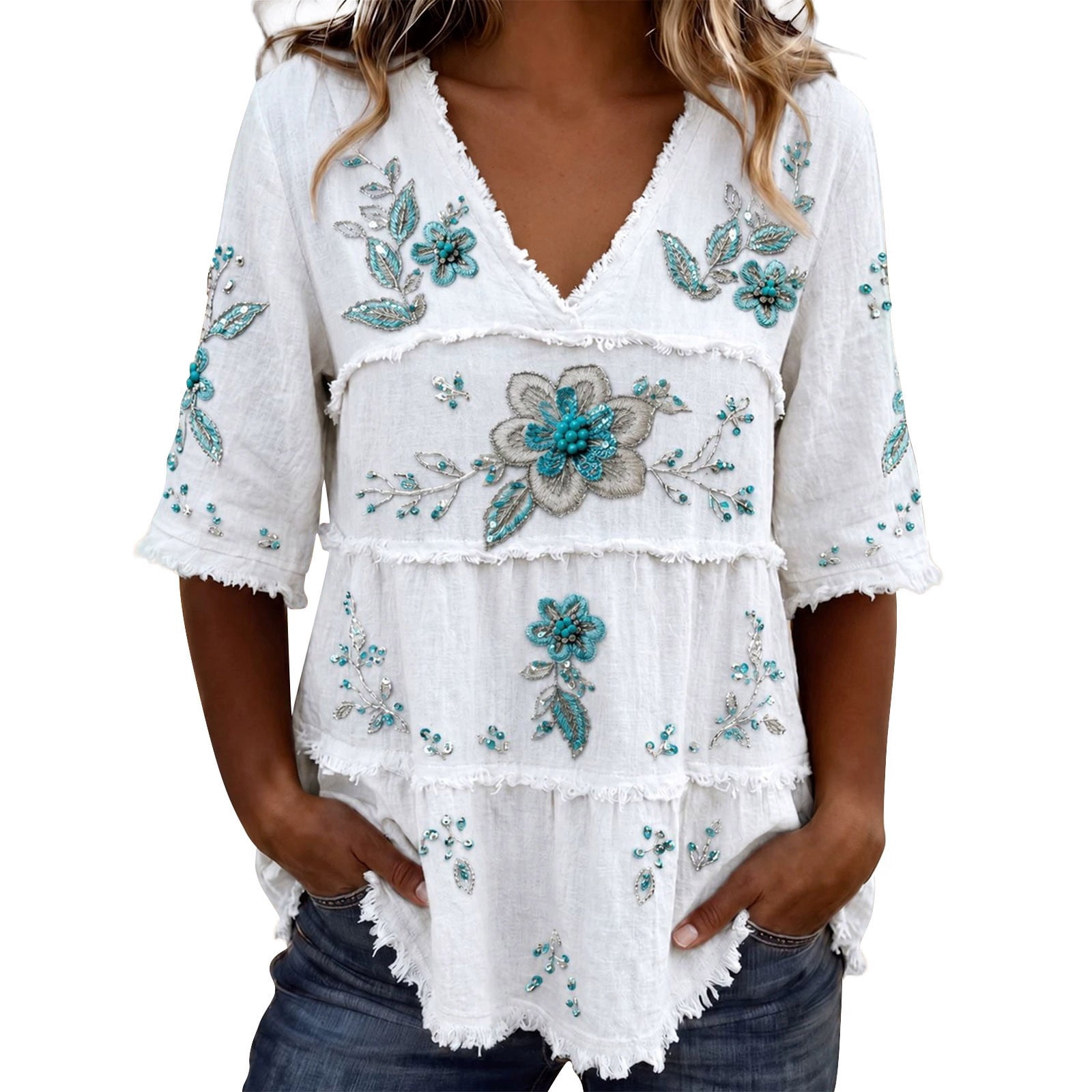 Boho Tops for Women 3/4 Sleeve Vacation Tops Trendy V Neck 3/4 Sleeve ...