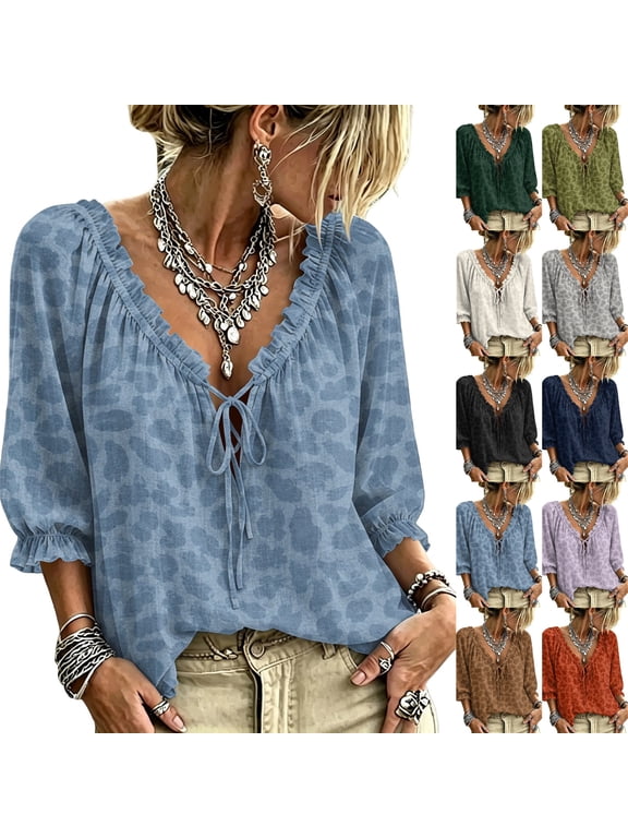Boho Tops for Women Fall Leopard Print 3/4 Sleeve Ruffle Shirts Lace Up Peasant Blouse, Abstract Geometric, Lightweight, Dressy Casual, Loose Fit, Bohemian Blue,XL