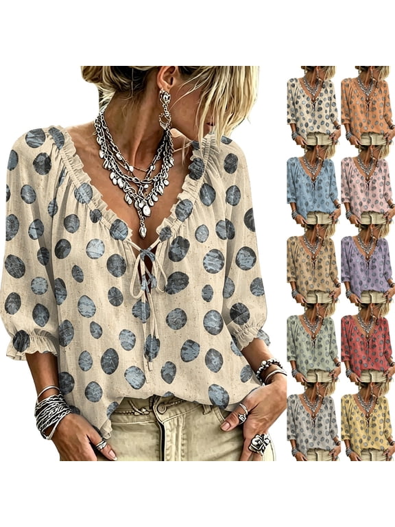 Boho Tops for Women Fall Polka Dot 3/4 Sleeve Lace Up Peasant Blouse, Abstract Geometric, Lightweight, Dressy Casual, Loose Fit Tunic, Bohemian Ruffle Shirts Beige,2XL