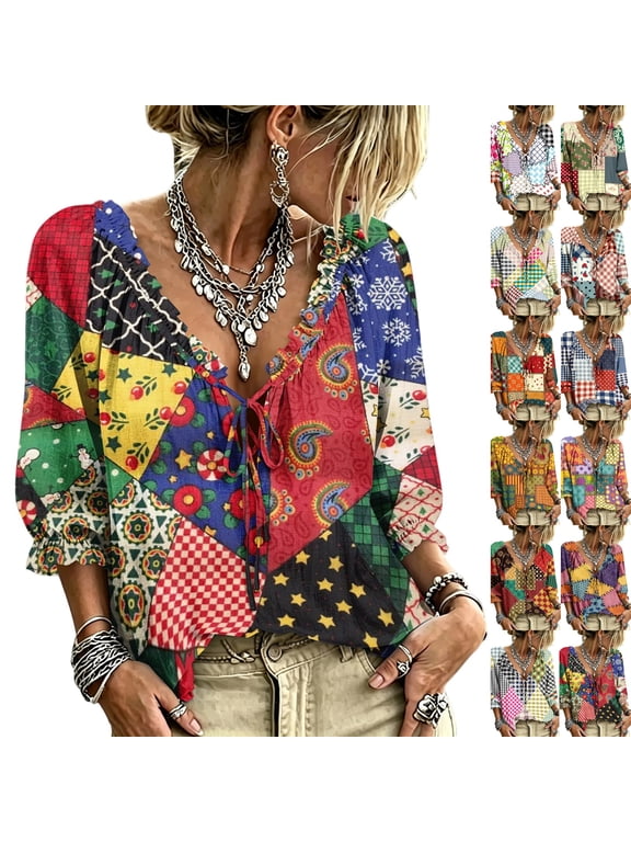 Boho Tops for Women Hippie Ruffle V Neck 3/4 Sleeve Lace Up Shirts Loose Peasant Sheer Flowy Tops Casual Vacation Summer Blouse Floral Print Patchwork Striped Ombre Tunic Red 2XL