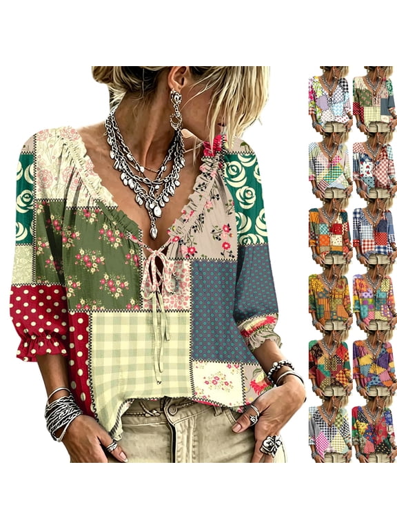 Boho Tops for Women Hippie Ruffle V Neck 3/4 Sleeve Lace Up Shirts Loose Peasant Sheer Flowy Tops Casual Vacation Summer Blouse Floral Print Patchwork Striped Ombre Tunic Light Green XL