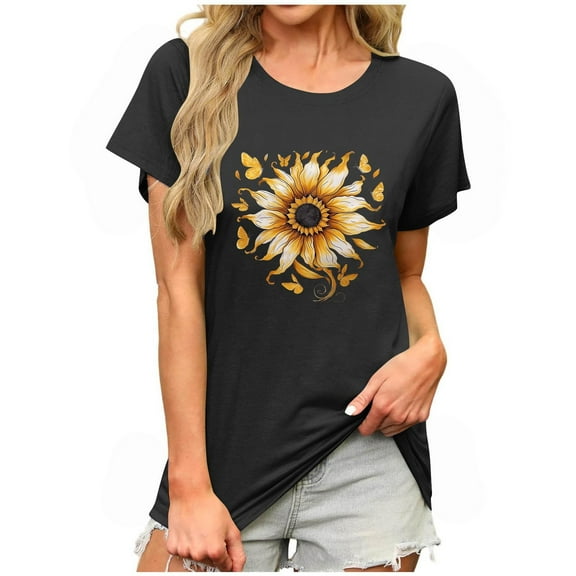 Boho Tops for Women Now on Sale​ Sunflower Shirts for Women Graphic Tees Floral Print Short Sleeve Crew Neck Casual Blouse T Shirt Summer Tops New C-Black L