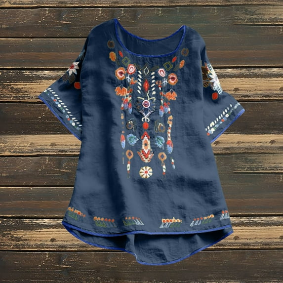 Boho Tops for Women Sawvnm Womens Spring Summer Color Casual Loose Fashion T-Shirt Short Sleeve Round Neck Embroidery Tops Linen Blouse Gift for Women