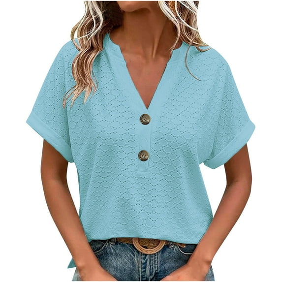 Short for Women Casual Summer,Short for Women,Fashion Casual Solid Color Button V-Neck T-Shirt Short Sleeved V-Neck Top/Shirt