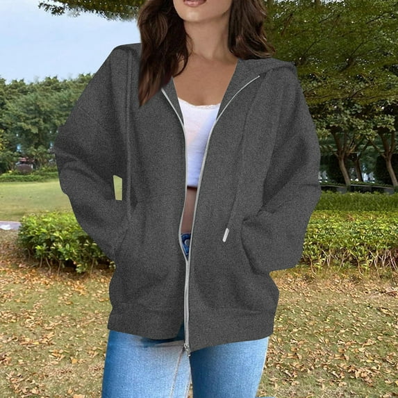 Boho Tops for Women, Womens Lightweight Polyester Hoodie Zip Up 2025 Soft Fleece Lined Winter Women Casual Streetwear Pullover V-Neck Oversized Hooded Sweatshirt Autumn Grey S