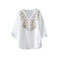 thumbnail image 1 of Boho Tops for Women, Yigetop Floral Embroidered Tops Cotton Linen Shirts Boho Ethnic Style Tee Women 3/4 Sleeve V Neck Button Tunic Tshirt Floral Tops for Women White L, 1 of 4