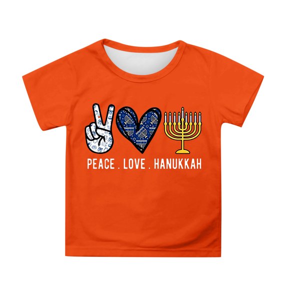 Boho Tops for Girl Short Sleeve Hanukkah Print Round Neck Girls Spring Clothes,Orange,Size 13-14 Years