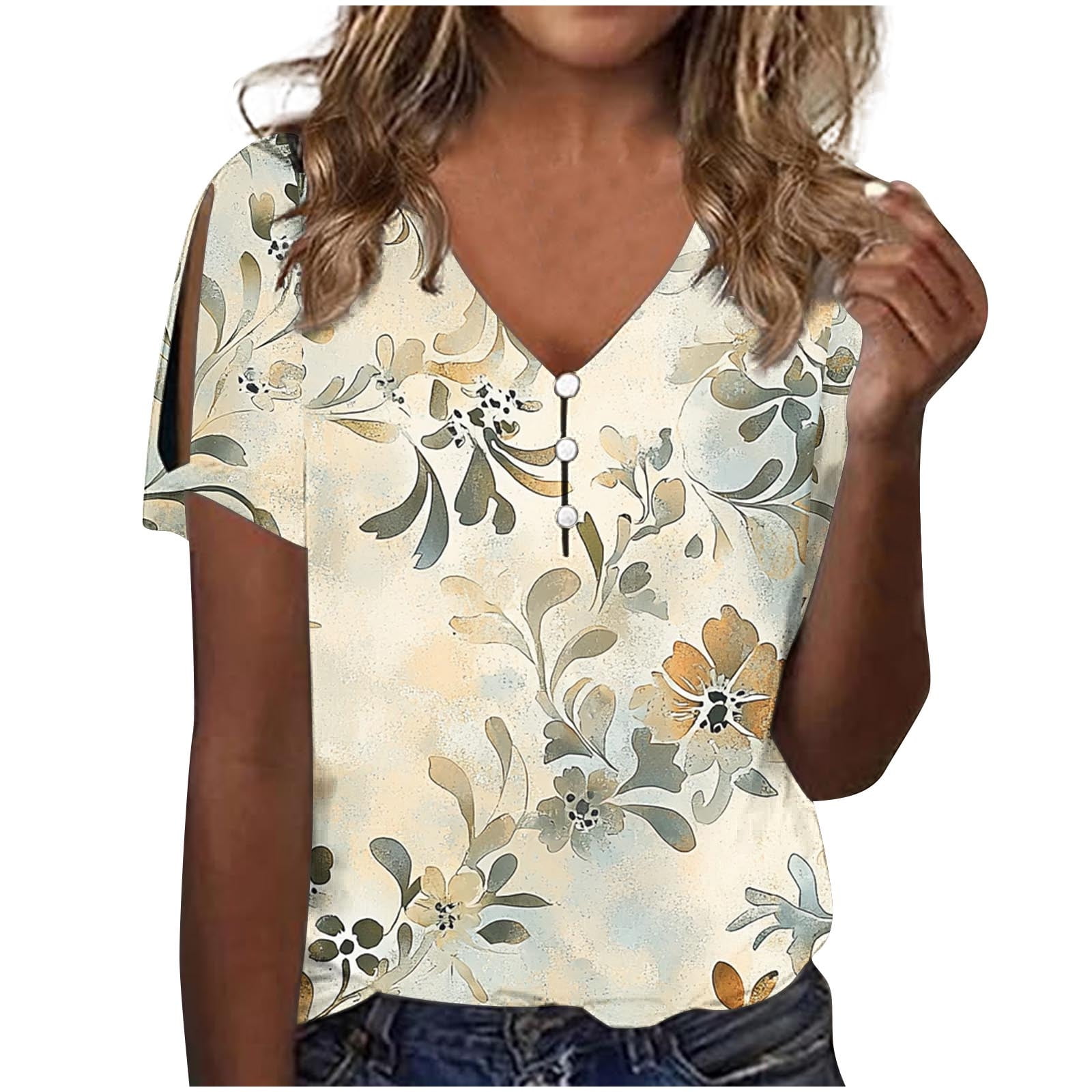 Boho Tops for Women 2025 Short Sleeve V Neck Tops Summer Blouses Dressy ...