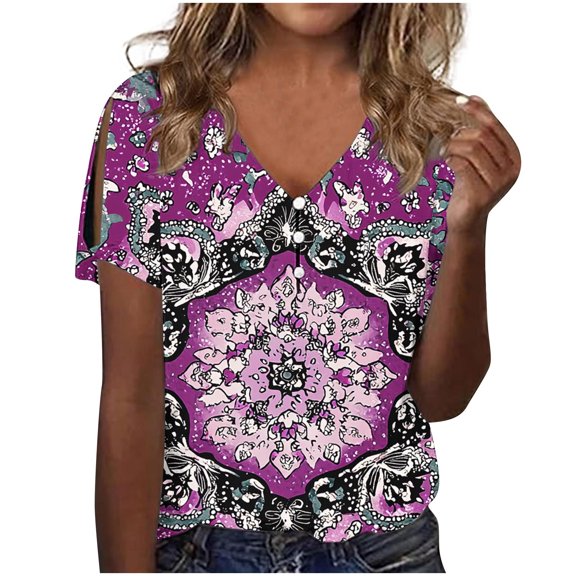 Boho Tops for Women 2025 Short Sleeve V Neck Tops Summer Blouses Dressy Casual Cold Shoulder Tunic Shirts
