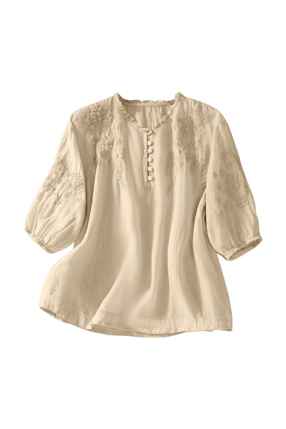 Boho Tops for Women 2026 Cotton Linen Top Peasant Blouses Retro Plus Size 3/4 Sleeve V Neck Embroidered Shirt