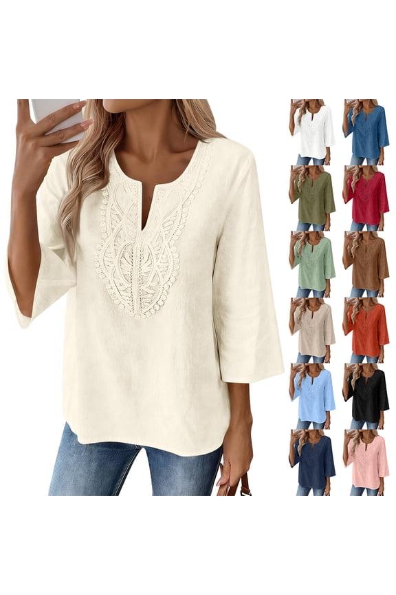 Boho Tops for Women 2026 Spring Fashion 3/4 Sleeve Lace Vneck Cotton Linen Shirts Loose Fit Ladies Peasant Blouses Light Brown M