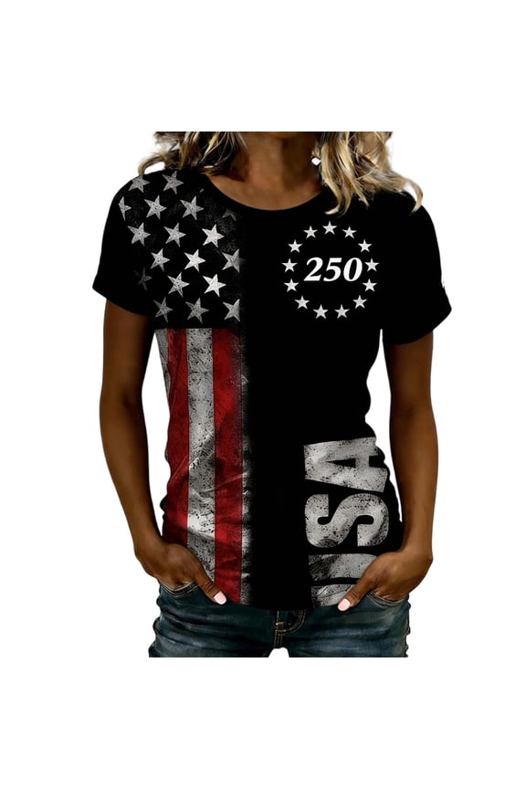 Boho Tops for Women 250Th Anniversary Usa Crew Neck Short Sleeve 4Th Of July Womens Blouse,Black,3XL