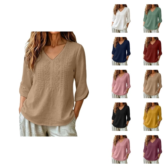 Boho Tops for Women 3/4 Sleeve Loose Casual V Neck Embroidered Shirt Lightweight Summer Blouses