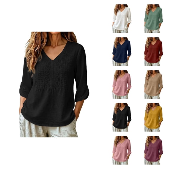 Boho Tops for Women 3/4 Sleeve Loose Casual V Neck Embroidered Shirt Lightweight Summer Blouses