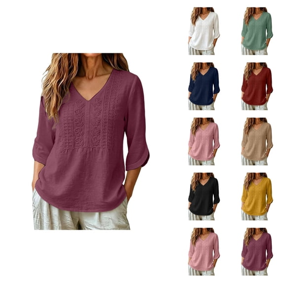 Boho Tops for Women 3/4 Sleeve Loose Casual V Neck Embroidered Shirt Lightweight Summer Blouses