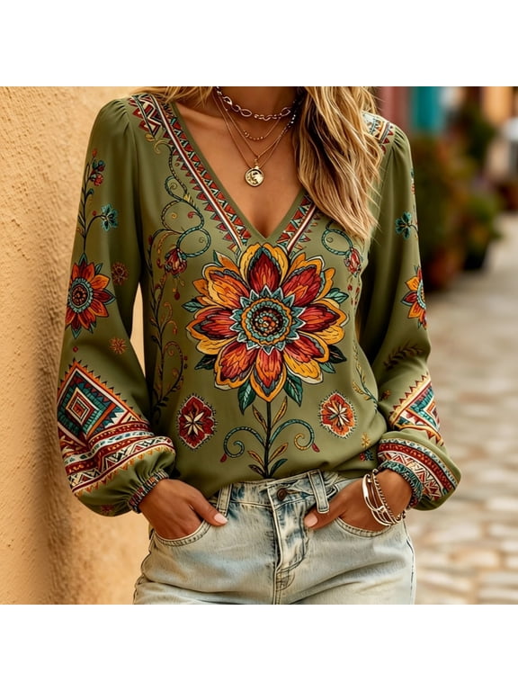 Boho Tops for Women Bohemian Floral Print V-Neck Long Sleeve Blouse Lightweight Cotton-Linen Vacation Beach Top 1 Pcs Army Green L