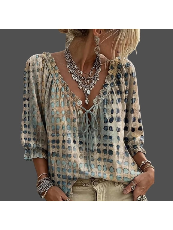 Boho Tops for Women Boho Ruffled V Neck Tie Front Half Puff Sleeve Loose Shirts Polka Dot Casual Daily Vacation Blouses for Women