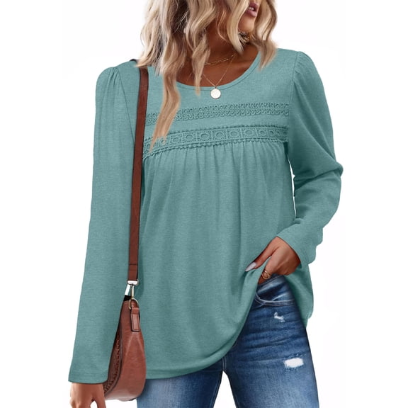 Womens Long Sleeve T Shirts Casual Pleated Blouses Loose Fit Tops Crew Neck Ruched Tunic Trendy Clothes
