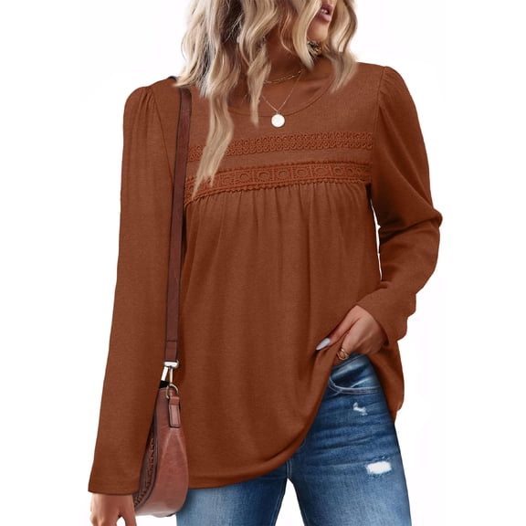 Boho Tops for Women Casual Long Sleeve Pleated Shirts Crewneck Flowy Womens Blouses
