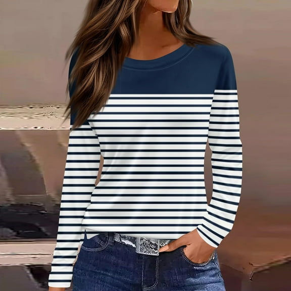 Boho Tops for Women Colorful Striped Crew Neck Long Sleeve Shirts for Women Colorblock Twist Knot Loose Fit Tunic Casual Tee
