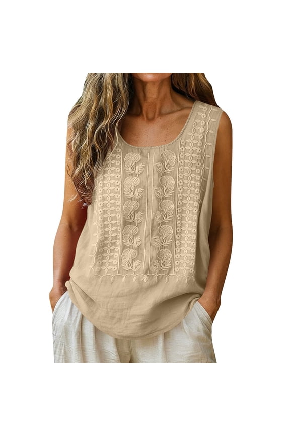 Boho Tops for Women Cotton Linen Tank Top Embroidered Sleeveless Bohemian Peasant Shirt Gauze Loose Fit Blouse Tunic