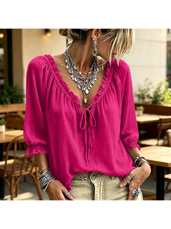 Boho Tops for Women Fall 3/4 Sleeve Lace Up Peasant Blouse Womens Boho Tops Lightweight Dressy Casual Loose Fit Tunic Ruffle Blouse L