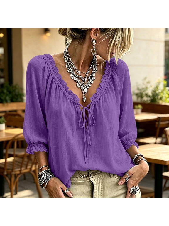 Boho Tops for Women Fall 3/4 Sleeve Lace Up Peasant Blouse Womens Boho Tops Lightweight Dressy Casual Loose Fit Tunic Ruffle Blouse XL