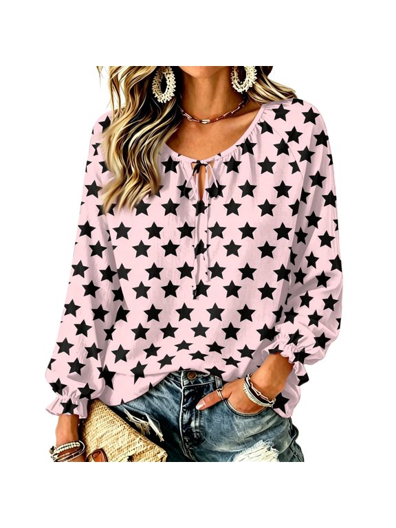Boho Tops for Women Fall Long Sleeve Star Print Lace Up Peasant Blouse Flowy Casual Tie-Edge Bow-Front Ruffled Tee Dressy Vacation Tops Pink S