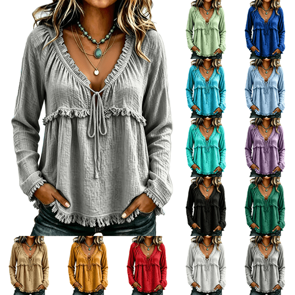 Boho Tops for Women Fall V Neck Lace Up Peasant Blouse Babydoll Fringe Cotton Linen Tops Lightweight Bohemian Raw Hem Loose Fit Off the Shoulder Tops
