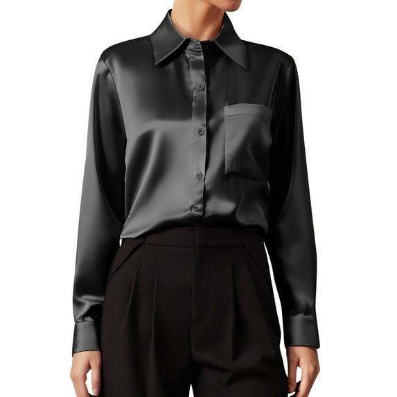 Boho Tops for Women Fashion Satin Long Sleeve V Neck Solid Color Compression Shirt Womens,Black,2XL