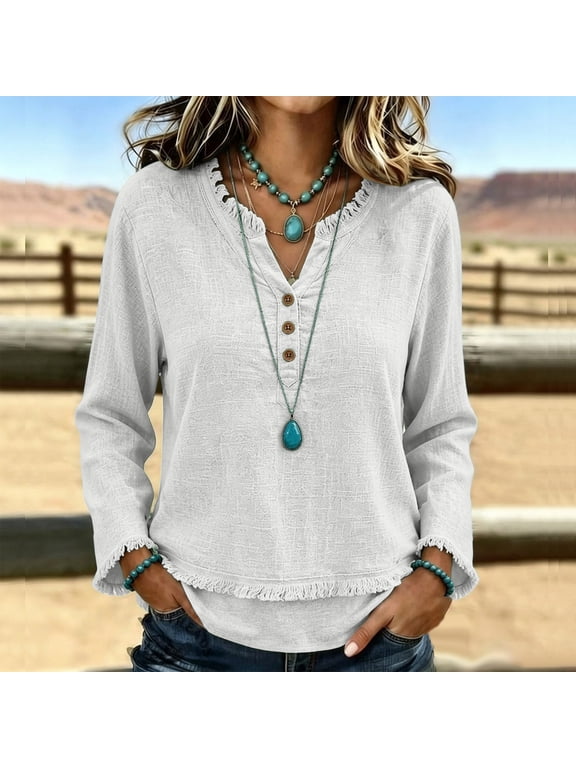 Boho Tops for Women Gauze Fringe Cotton Linen Shirts V Neck Long Sleeve Casual Loose Frayed Raw Hem Beach Blouses 2XL