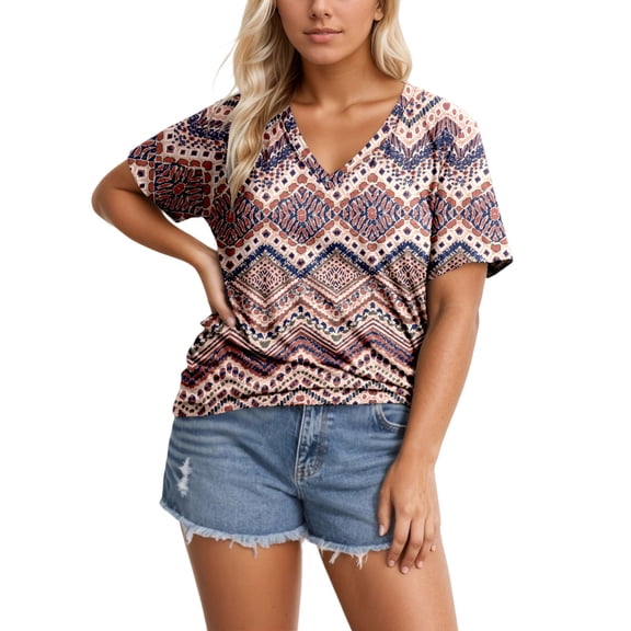 Boho Tops for Women Graphic Print Fashion Short Sleeve Soft Comfortable Plus Size Womens Clothing,Khaki,2XL