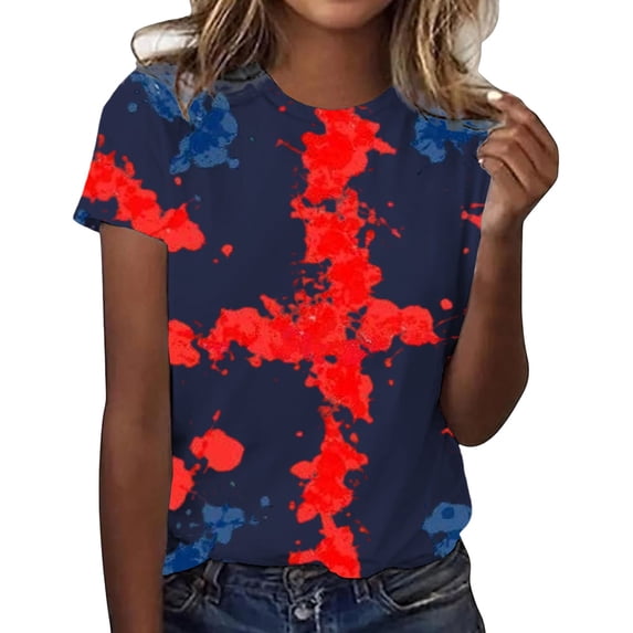 Boho Tops for Women Graphic Print Short Sleeve Round Neck Beach Vacation Clothes for Women,Navy,XL
