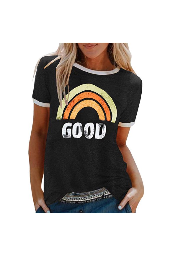 Boho Tops for Women Letters Printing Short Sleeve Tunic Crop Tank Tops for Women,Black,2XL