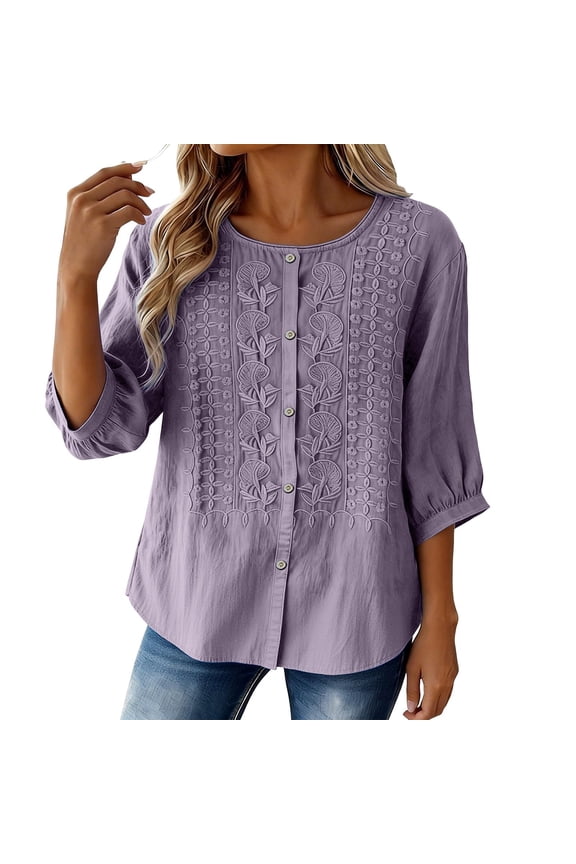 Boho Tops for Women Linen Cotton Embroidered Peasant Blouses Lightweight Breathable Shirts Loose Summer Clothing Light Purple XL