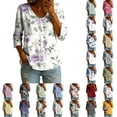 thumbnail image 1 of Boho Tops for Women Linen Regular Fit Floral Blouses Dressy Stretchy Floral Print Loose Blouses Shirts, Blue,L, 1 of 6