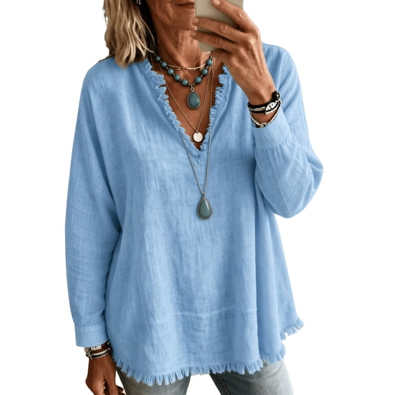 Boho Tops for Women Long Sleeve Linen V Neck T-Shirt Breathable Loose Gauze Fringe Top Cozy Beach Fall Blouses,XL
