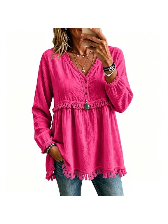 Boho Tops for Women Long Sleeve Vintage Fashion V Neck Shirt Raw Hem Gauze Fringe Soft Blouse Fall Frayed Casual Clothes