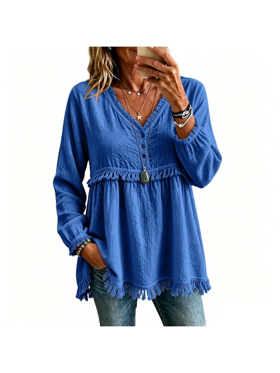 Boho Tops for Women Long Sleeve Vintage Fashion V Neck Shirt Raw Hem Gauze Fringe Soft Blouse Fall Frayed Casual Clothes