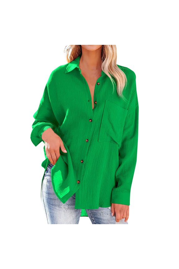 Boho Tops for Women Loose Button Down Boyfriend Long Sleeve Solid Color Pocke Rugby Shirt for Womens,Green,M