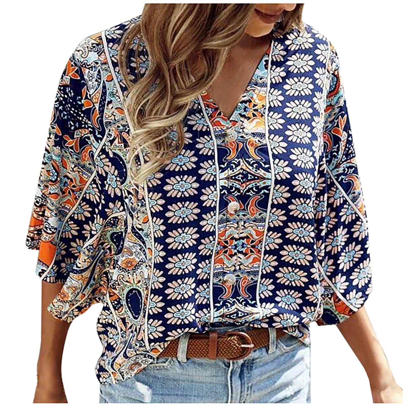 Boho Tops for Women Loose Fit Casual Bohemian Printed Loose Short Sleeve  V-neck Pullover Blouse Floral Shirt 