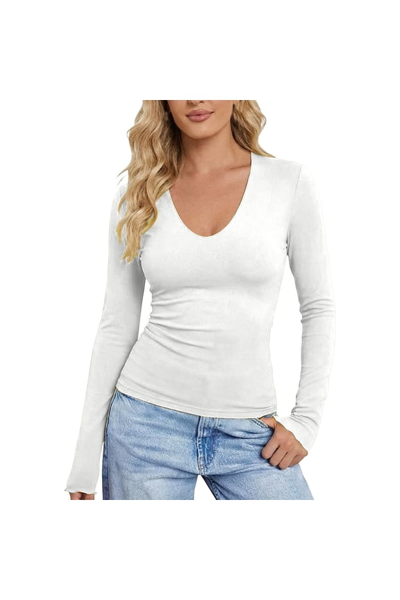 Boho Tops for Women Low Neck Long Sleeve Slim Fit Basic Soft Lined Beach Tops,White,S