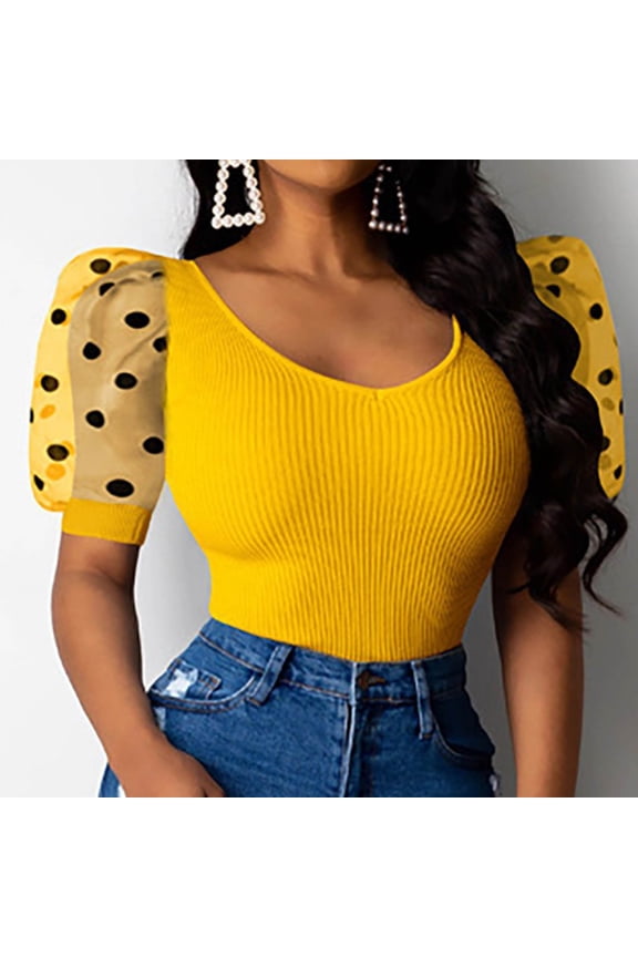 Boho Tops for Women Point Wave Short Slim Elastic Sleeve Petite Clothing for Women,Yellow,S