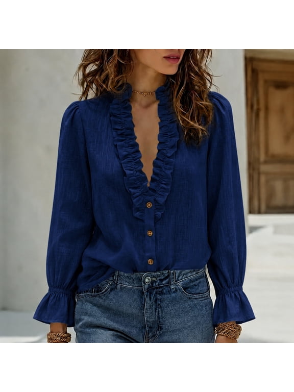 Boho Tops for Women Ruffle V Neck Long Sleeve Button Down Tshirts Casual Puff Sleeve Blouses Fashion Fall shirts Dark Blue M