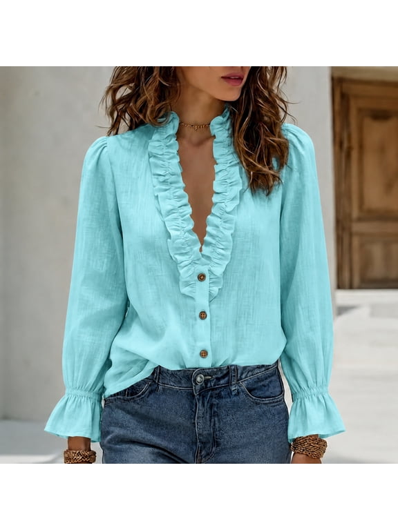 Boho Tops for Women Ruffle V Neck Long Sleeve Button Down Tshirts Casual Puff Sleeve Blouses Fashion Fall shirts Green XL