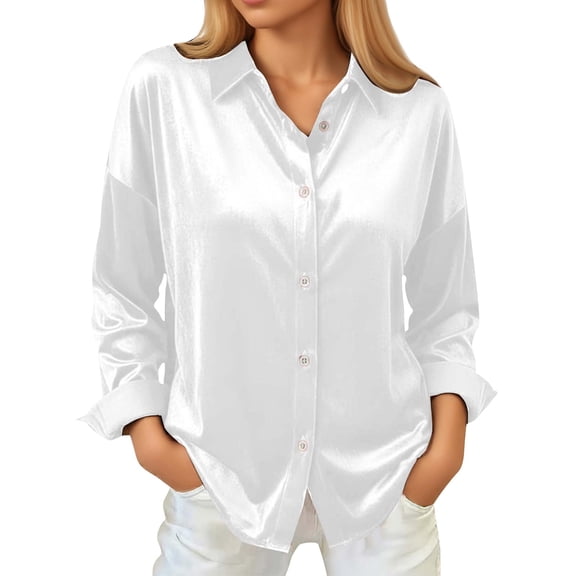 Boho Tops for Women Satin Solid Color Button Down Long Sleeve Womens Athletic Tops,White,S