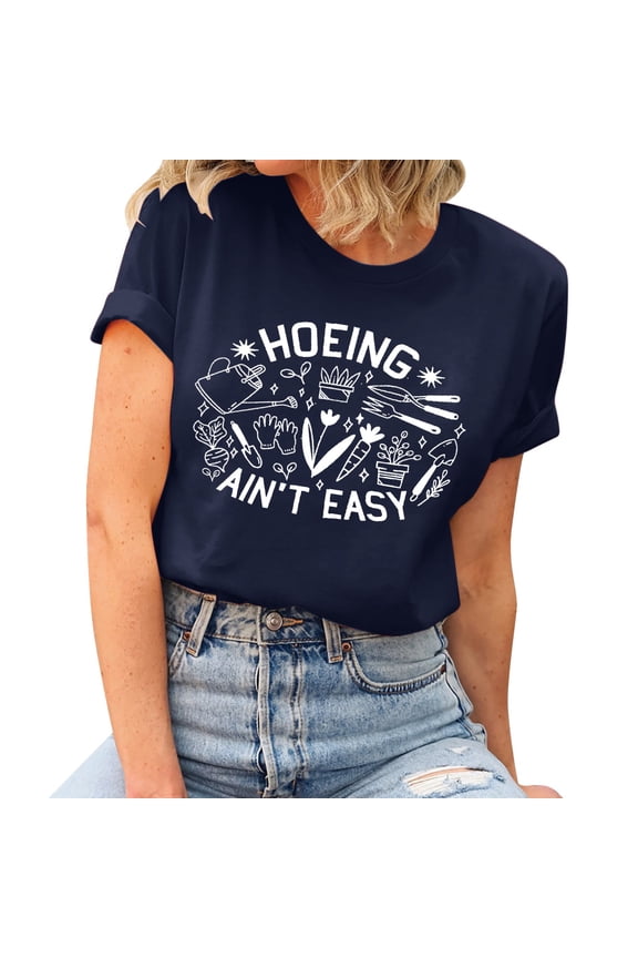 Boho Tops for Women Short Sleeve Letter Print O Neck Loose Petite Clothing for Women,Navy,M