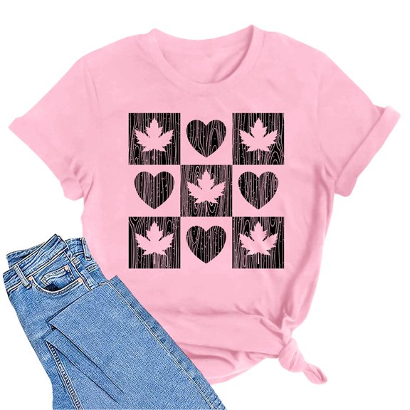 Boho Tops for Women Short Sleeve Maple Comfort Breathable Soft Seasons Summer Clothes for Women,Pink,M