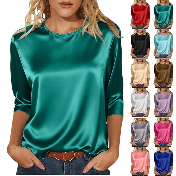 Boho Tops for Women Short Sleeve Shirts for Women Women's Spring/Summer Satin Three-Quarter Sleeve Round-Neck Solid Color Pullover Top Mint Green XL